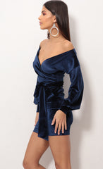 Off The Shoulder Velvet Dress in Navy