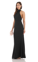 Mock Neck Bow Maxi Dress in Black