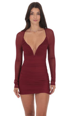 Mesh Long Sleeve Bodycon Dress in Burgundy
