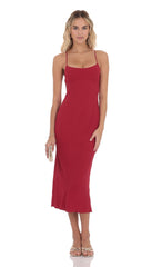 Crinkle Open Back Midi Dress in Red
