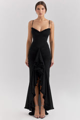 black mesh ruffled front gown