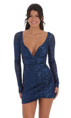 Blue Sequin V-Neck Long Sleeve Dress in Black