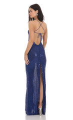 Sequin Mesh Maxi Dress in Blue
