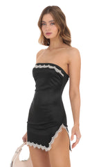 Satin Lace Strapless Bodycon Dress in Black