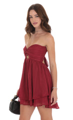 Strapless Shimmer Cutout Babydoll Dress in Burgundy