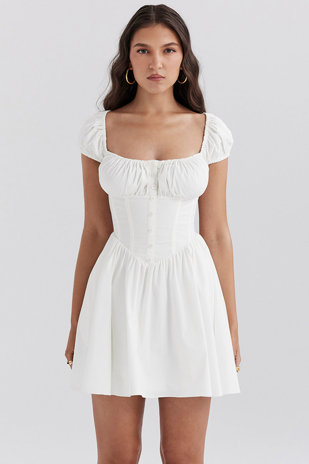 white cotton gathered mini dress