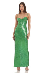 Sequin Open Back Maxi Dress in Green