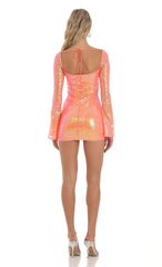 Iridescent Sequin Long Sleeve Dress in Orange