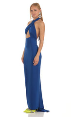 Front Cross Halter Maxi Dress in Blue