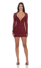 Mesh Long Sleeve Bodycon Dress in Burgundy