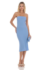 Strapless Open Back Midi Dress in Blue
