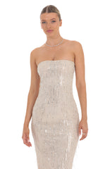 Fringe Sequin Strapless Maxi Dress in Champagne