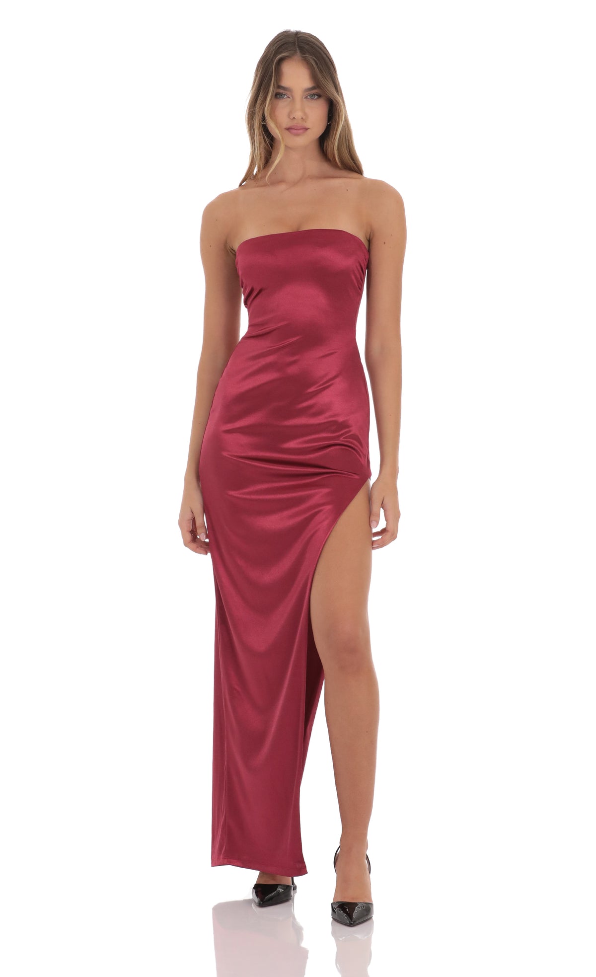 Satin Strapless Dress in Maroon