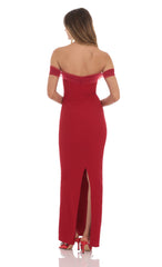 Tulle Off Shoulder Sleeve Maxi Dress in Red