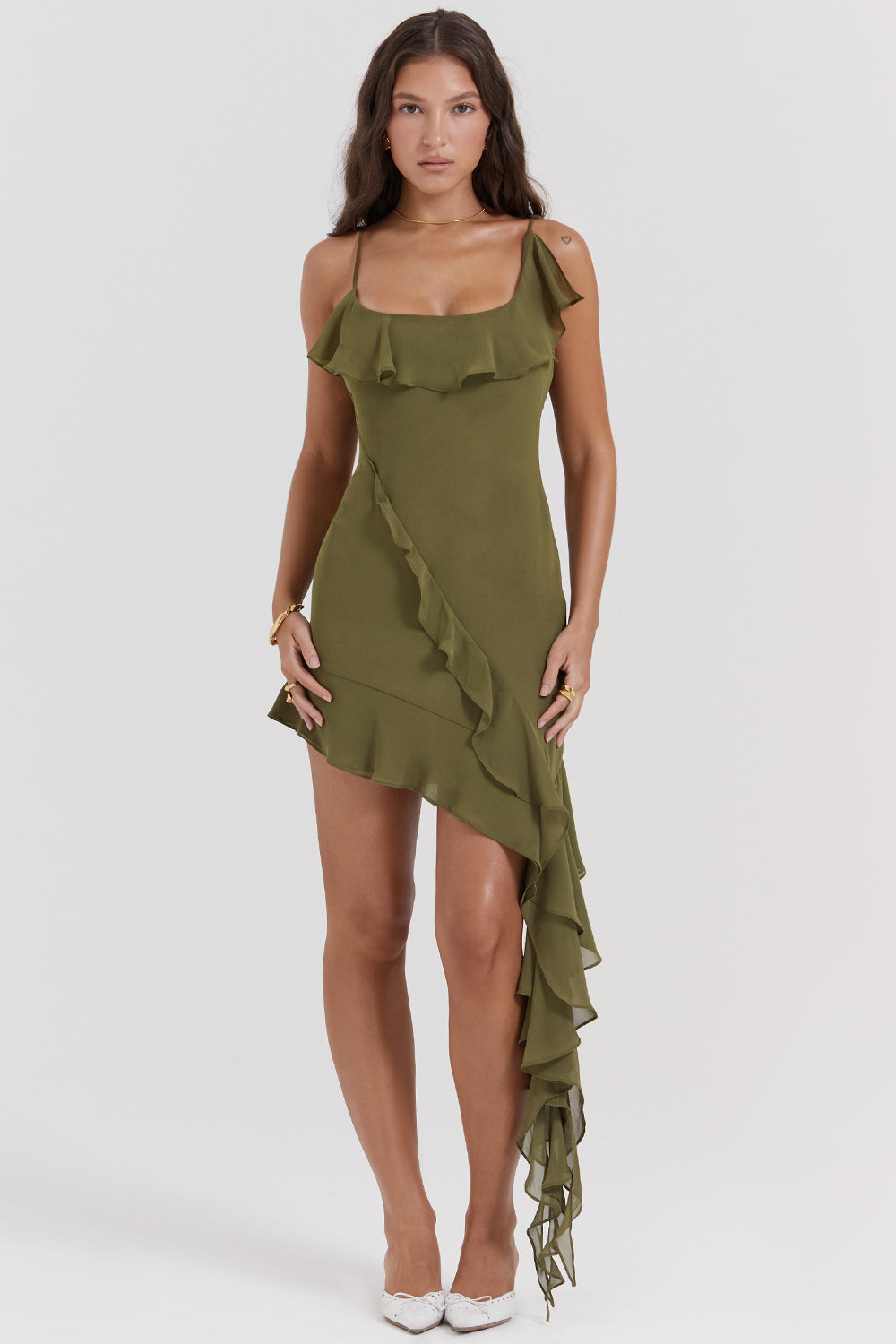 olive ruffle mini dress