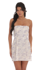 Floral Sequin Strapless Fit and Flare Dress in White