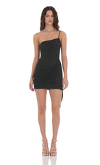 Mesh One Shoulder Tassel Dress in Black