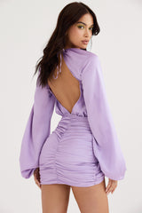 orchid satin wrap front mini dress