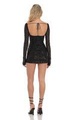 Sequin V-Neck Long Sleeve Dress in Black