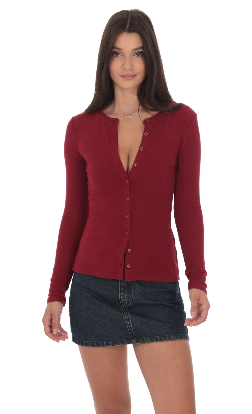 Ribbed Long Sleeve Top in Maroon