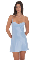 Satin Sweetheart Neck Dress in Light Blue