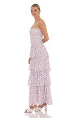 Floral Lace Ruched Ruffle Maxi Dress in White