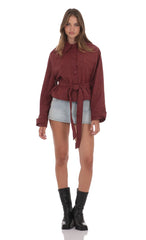 Suede Belted Leather Jacket in Burgundy
