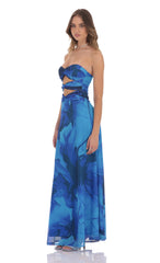 Mesh Floral Cutout Maxi Dress in Blue