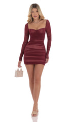 Mesh Long Sleeve Bodycon Dress in Maroon