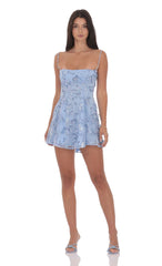 Floral Sequin Fit and Flare Dress in Light Blue