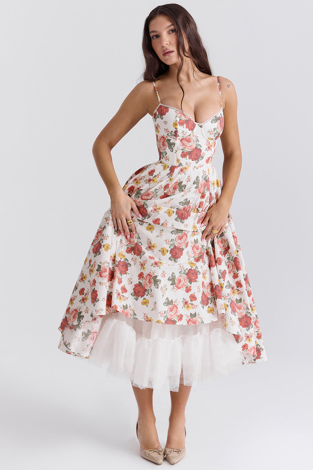 italian rose print tulle midi dress