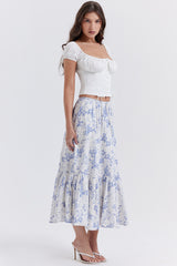 blue print midi skirt