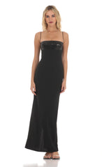 Sequin Square Neck Maxi Dress in Black