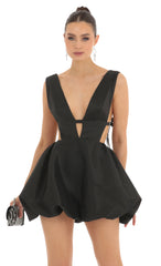 Plunge V Bubble Skirt Dress in Black