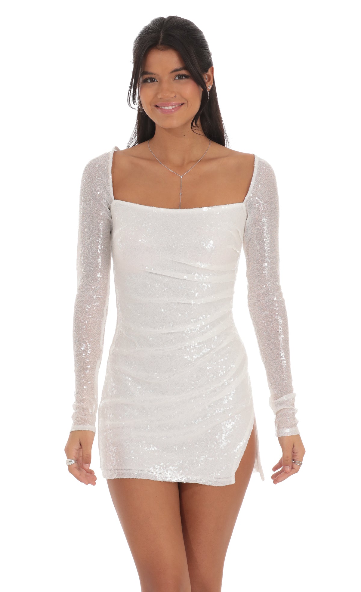 Sequin Long Sleeve Bodycon Dress in White