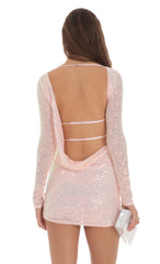 Sequin High Neck Open Back Dress in Pink