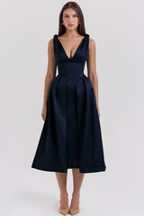 midnight twist strap satin midi dress
