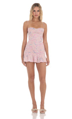 Floral Open Back Ruched Ruffle Dress in Pink