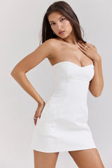 white strapless twill mini dress