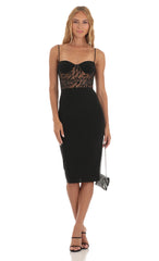 Mesh Shimmer Cutout Midi Dress in Black
