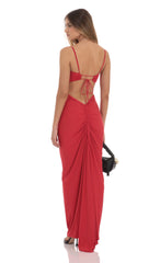Ruched Open Back Maxi Dress in Red