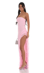 Mesh Strapless Triple Ruffle Maxi Dress in Pink