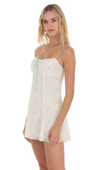 Embroidered Floral Front Tie Dress in White