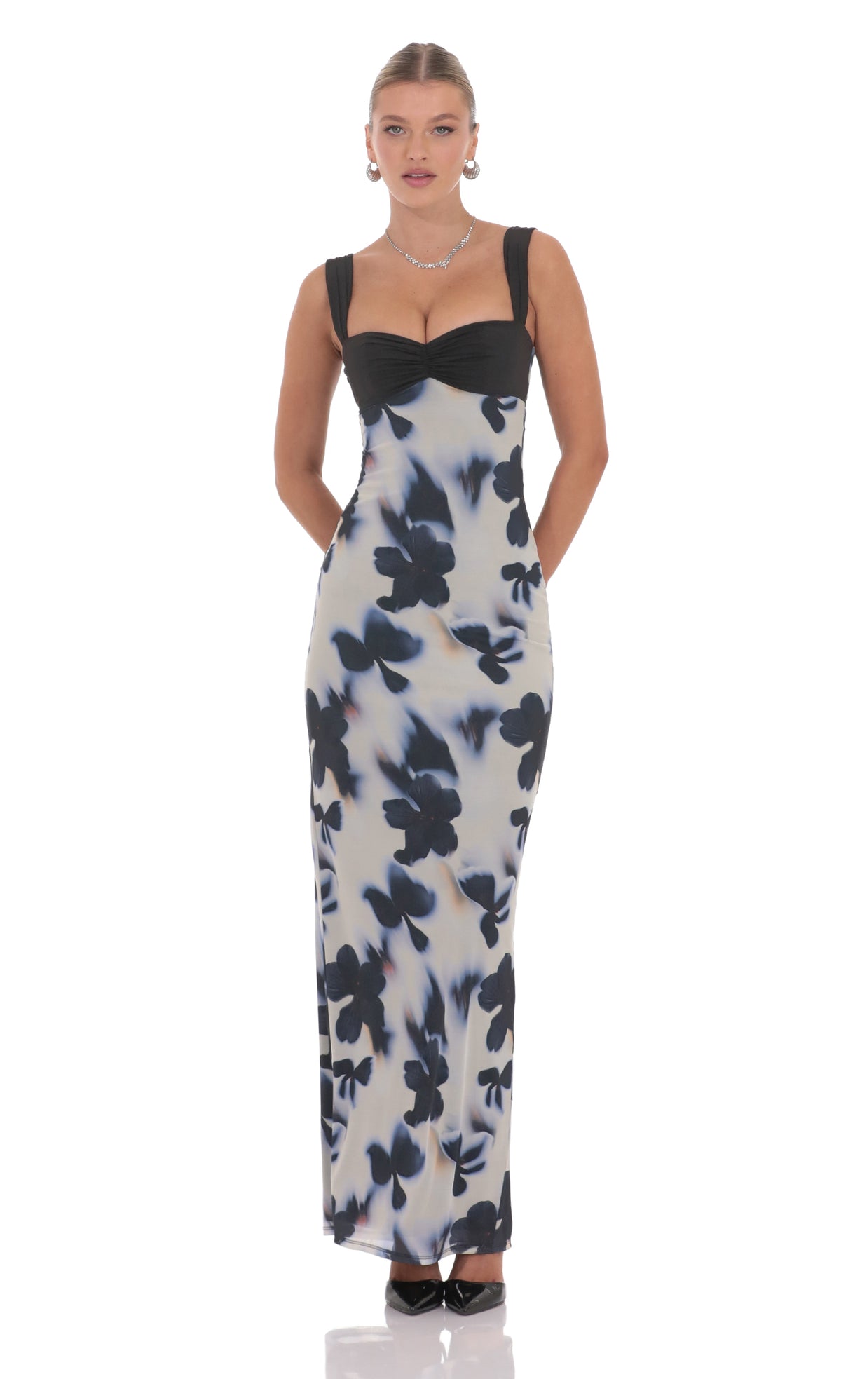 Mesh Two Toned Maxi Dress in Lilly Print