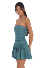 Strapless Ruched Flare Dress in Blue Teal