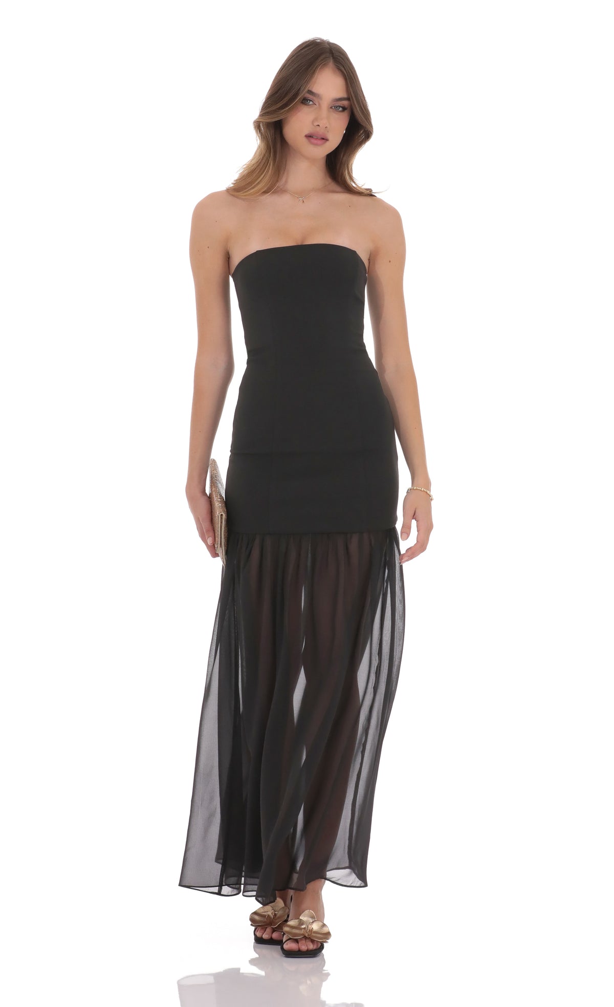Strapless Chiffon Drop Skirt Maxi Dress in Black