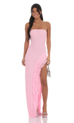 Mesh Strapless Triple Ruffle Maxi Dress in Pink