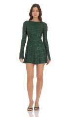 Sequin Long Sleeve Open Back Dress in Green
