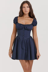 french navy gathered mini dress