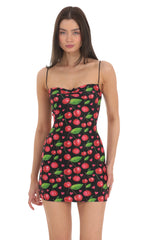 Cherry Print Bodycon Dress in Black
